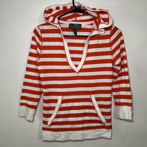 Lauren Active Ralph Lauren V Neck Hoodie Pullover Womens Size XS Orange Striped